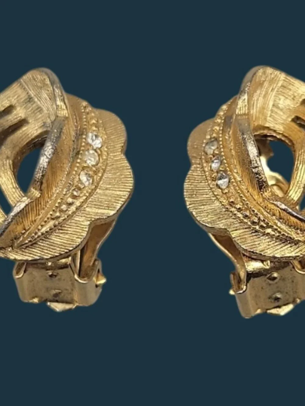 Vintage Rhinestone Accented Swirled Feather Clip On Earrings